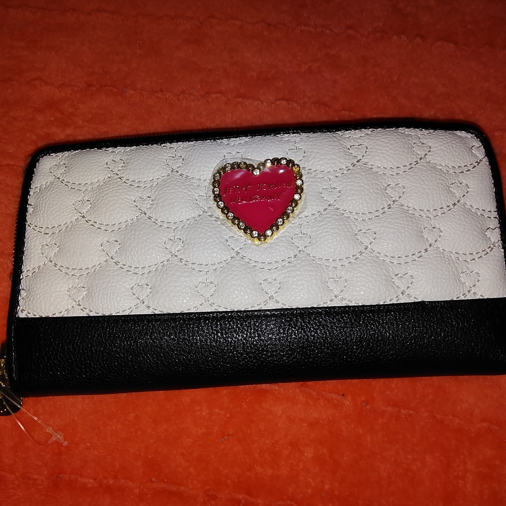 Betsey Johnson Black and White Wallet with Red Heart Accent